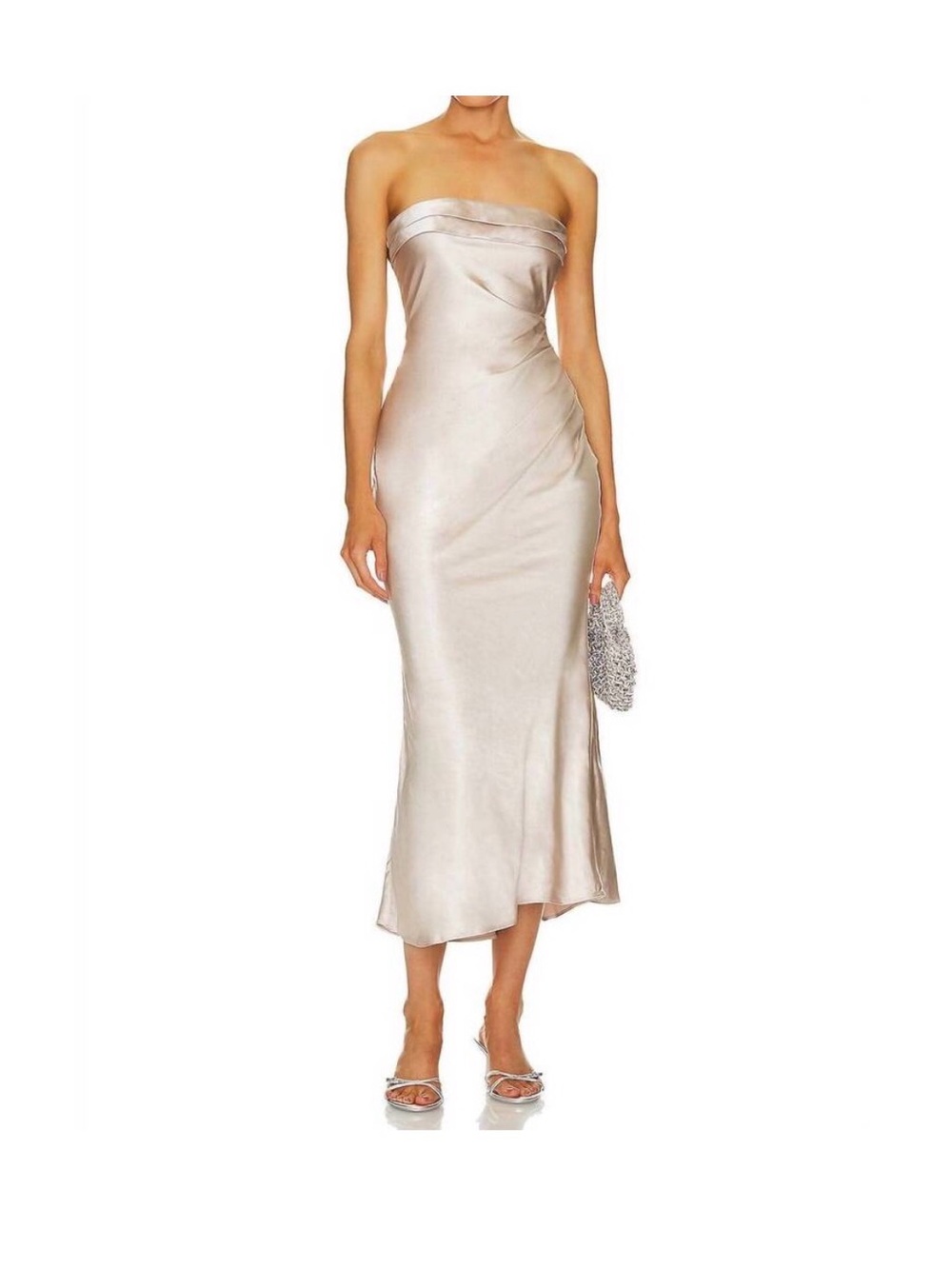 Elliatt Strapless Satin Bias-Cut Midi Dress in Light Champagne